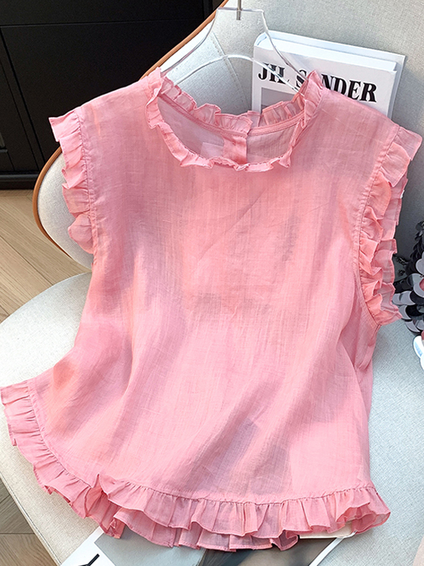 Linen Shirt Breathable - Roze katoenen linnen vest met ruches,